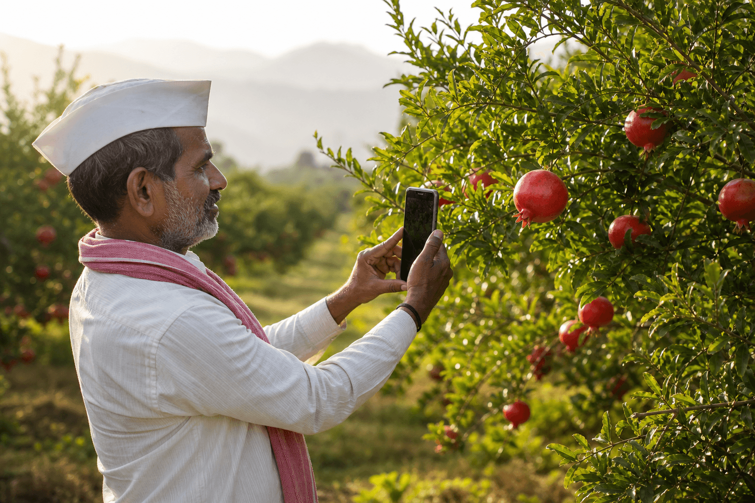 A farmer using AgroLens to scan a pomegranate in an orchard